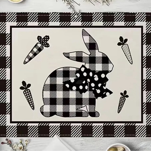 Other - Set 4 White/ Black Bunny Rabbit Buffalo Plaid 12" x 18" Easter Placemats Modern